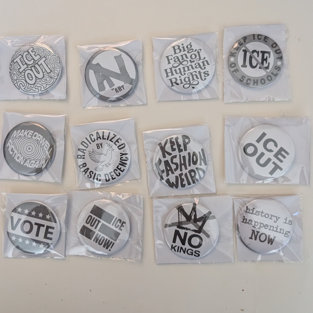 Set of 12 Black & White Political/Activist Buttons